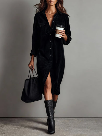 Loose Corduroy Double Chest Pocket Single Breasted Midi Dress