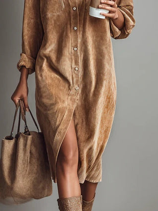 Loose Corduroy Double Chest Pocket Single Breasted Midi Dress