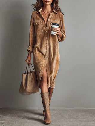 Loose Corduroy Double Chest Pocket Single Breasted Midi Dress