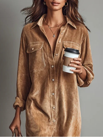 Loose Corduroy Double Chest Pocket Single Breasted Midi Dress
